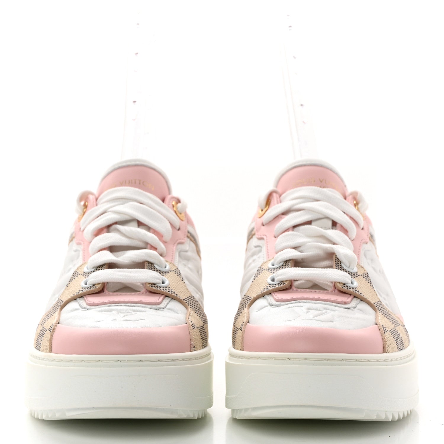 Louis Vuitton Monogram Embossed Calfskin Damier Azur Time Out Sneakers 38.5 Rose Clair Pink 2 of 9