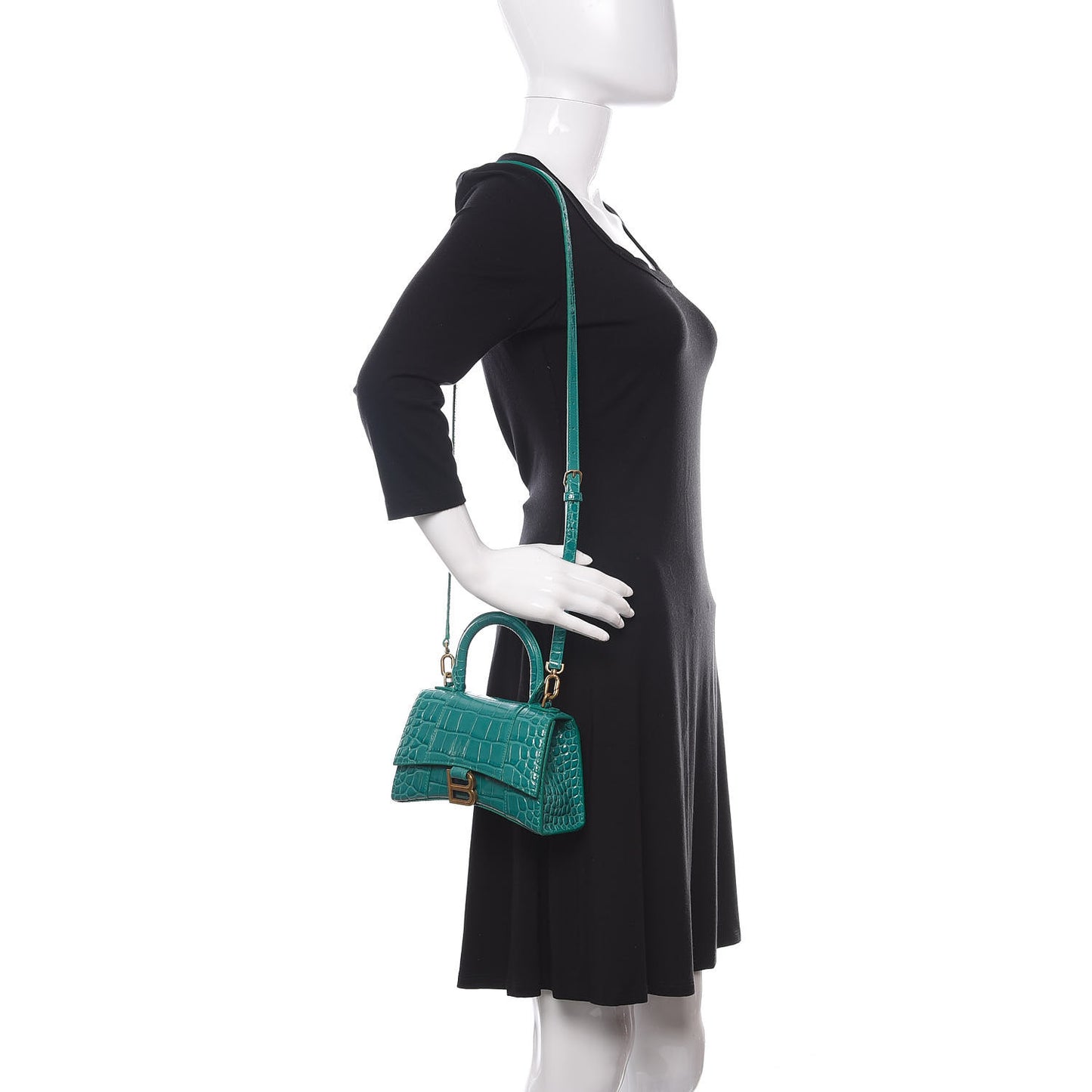 Shiny Calfskin Crocodile Embossed Hourglass Top Handle Bag XS Dark Turquoise