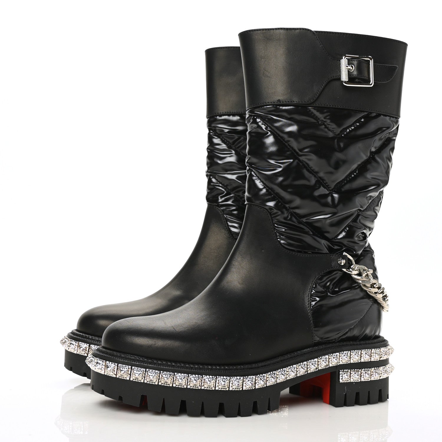 Christian Louboutin Glazed Fabric Quilted Calfskin Studded Chain Verdonna Boots 35 Black 3 of 6