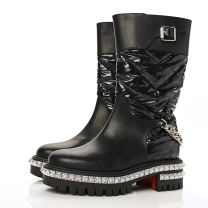 Christian Louboutin Glazed Fabric Quilted Calfskin Studded Chain Verdonna Boots 35 Black 3 of 6
