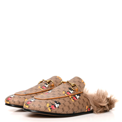 Gucci X DISNEY Mini Vintage GG Supreme Monogram Mickey Mouse Fur Womens Princetown Slippers 38 Beige Vintage Sun Oil 3 of 7