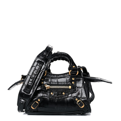 Balenciaga Shiny Supple Calfskin Crocodile Embossed Neo Classic Gold Hardware Super Nano City Crossbody Black 1 of 8