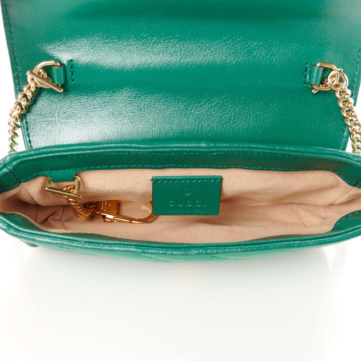 Azalea Calfskin Enamel Matelasse Diagonal Super Mini Torchon GG Marmont Shoulder Bag New Shamarock Emerald
