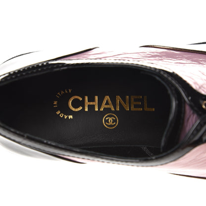 Chanel Crumpled Lambskin Patent CC Lace Up Oxfords 40 Pink Gold Black 7 of 8