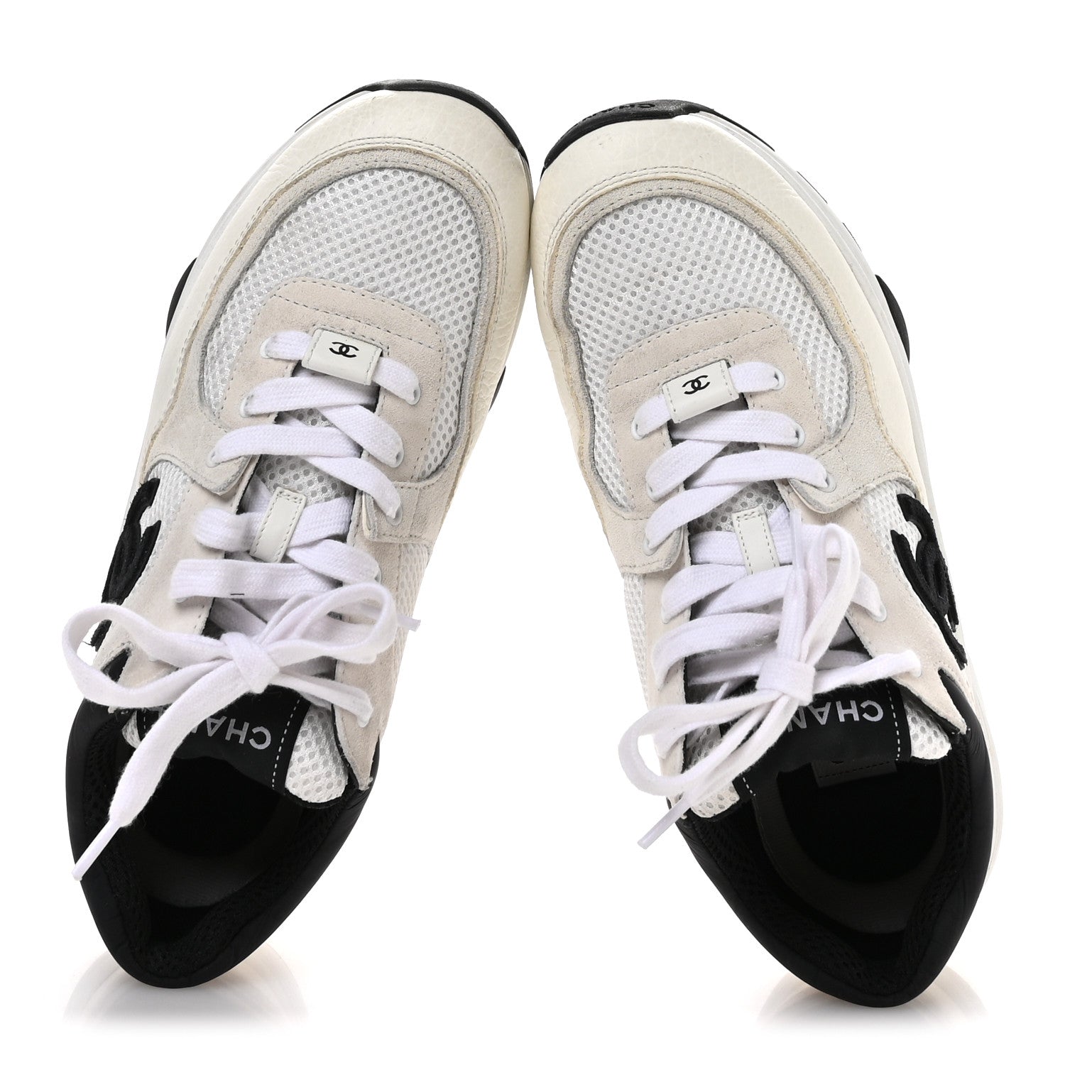 Chanel Mesh Suede Calfskin Grained Calfskin Womens CC Sneakers 38.5 White Black 2 of 9