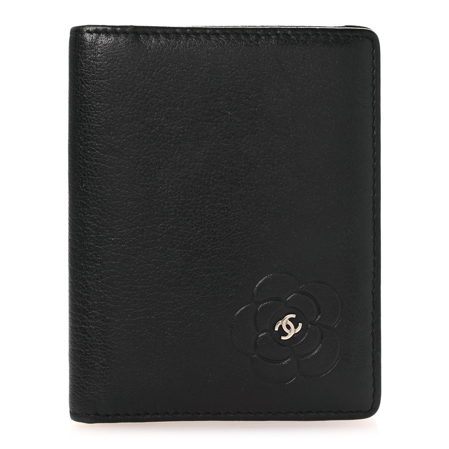 Goatskin Camellia Card Holder Wallet Black