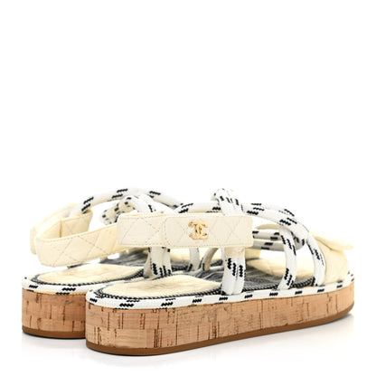 Chanel Cord Lambskin Quilted Logo Sandals 37 White Black 4 of 8