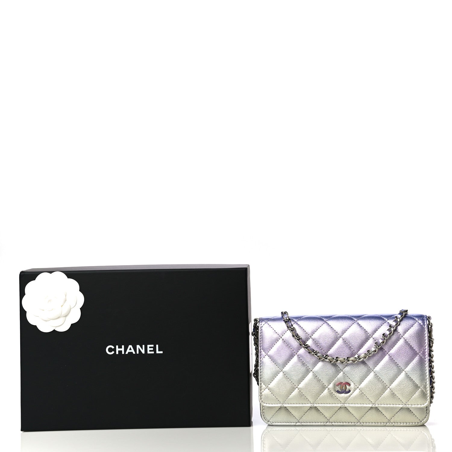 Chanel Gradient Metallic Calfskin Quilted Wallet On Chain WOC Silver Blue Yellow Purple 19 of 19