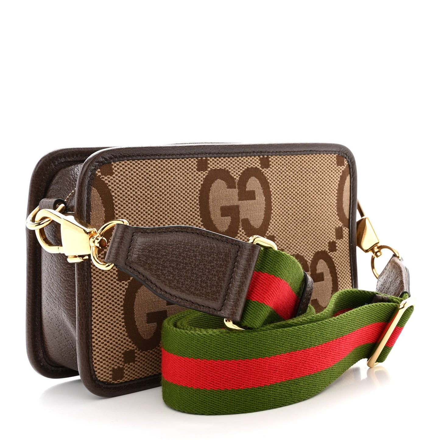 Monogram Jumbo GG Textured Dollar Calfskin Web Mini Crossbody Bag Camel Ebony New Acero