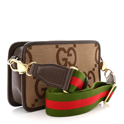 Gucci Monogram Jumbo GG Textured Dollar Calfskin Web Mini Crossbody Bag Camel Ebony New Acero 3 of 11