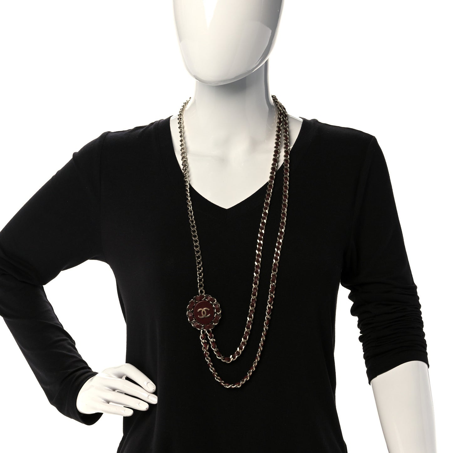 Lambskin CC Long Chain Necklace Red Gold