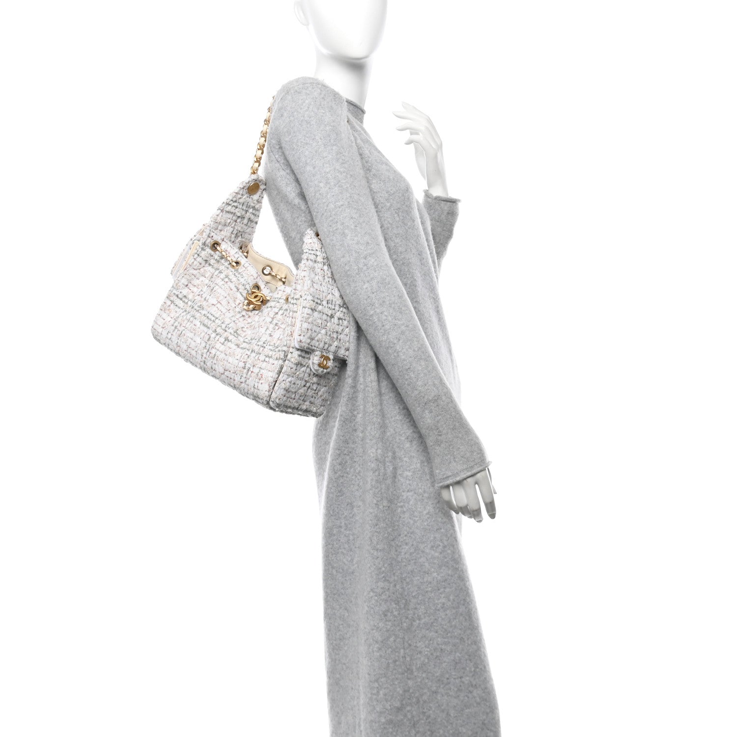 Chanel Tweed Quilted Small Chanel 25 Handbag Ecru Khaki Gold Red 2 of 10