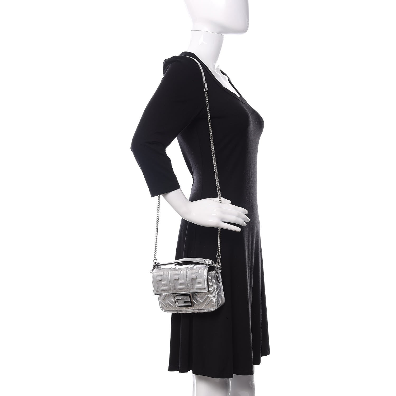 Fendi Vitello Catalan Mirror FF 1974 Embossed Mini Baguette Argento 2 of 13