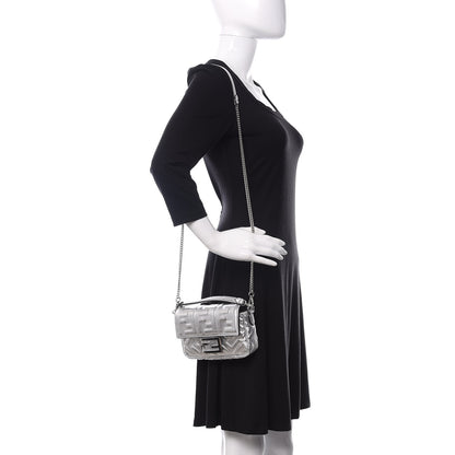 Fendi Vitello Catalan Mirror FF 1974 Embossed Mini Baguette Argento 2 of 13