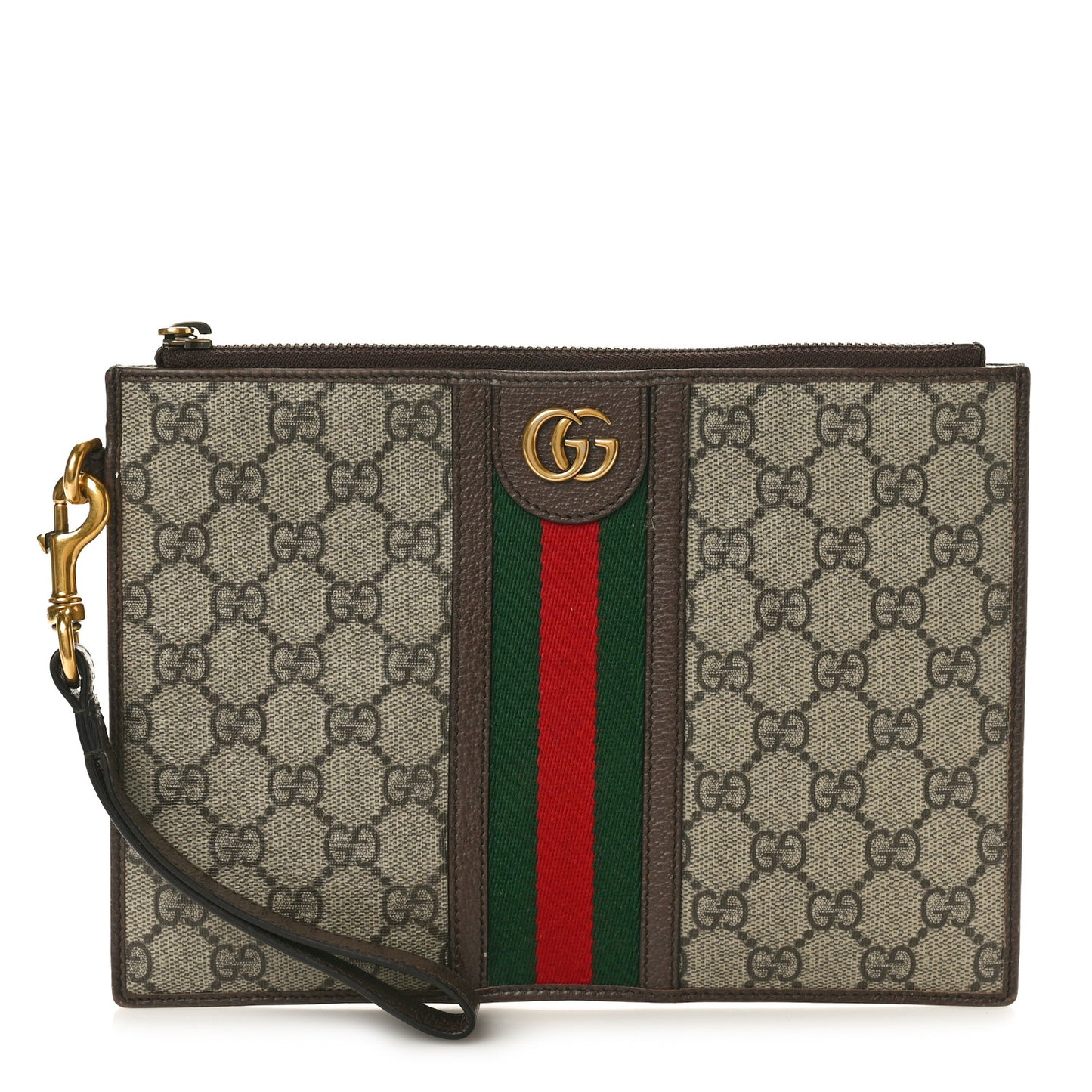 GG Supreme Monogram Web Ophidia Wristlet Pouch Brown