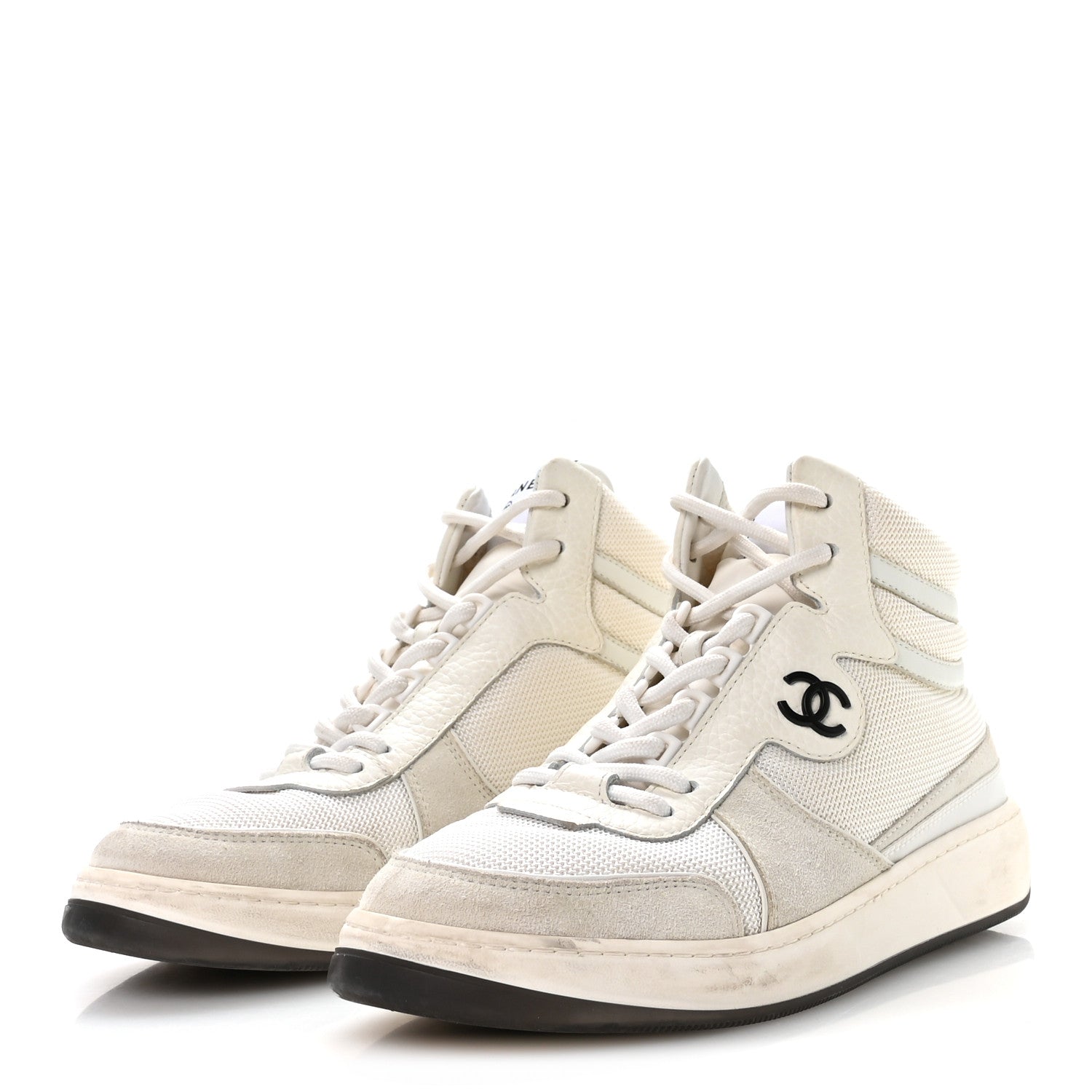 Chanel Suede Fabric Grained Calfskin Womens CC High Top Sneakers 38 White 4 of 8
