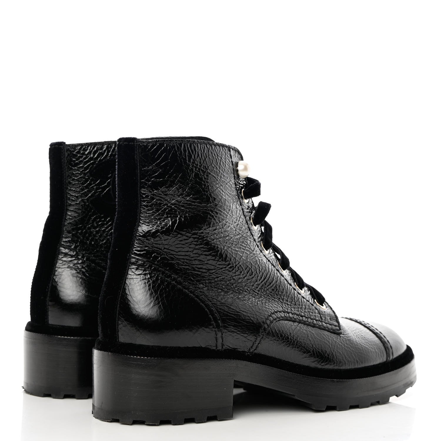 Chanel Shiny Calfskin Velvet Pearl Combat Short Boots 39 Black 4 of 8