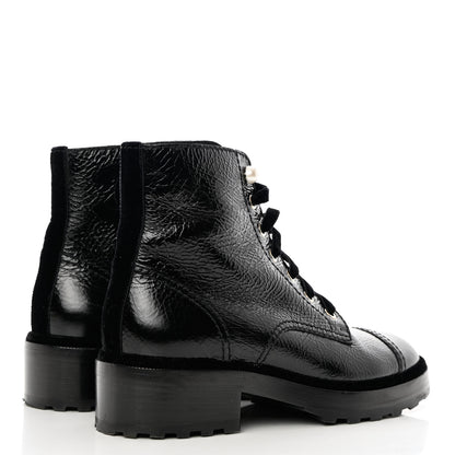 Chanel Shiny Calfskin Velvet Pearl Combat Short Boots 39 Black 4 of 8