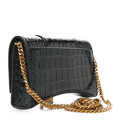 Balenciaga Shiny Calfskin Crocodile Embossed Hourglass Chain Bag Black 3 of 12