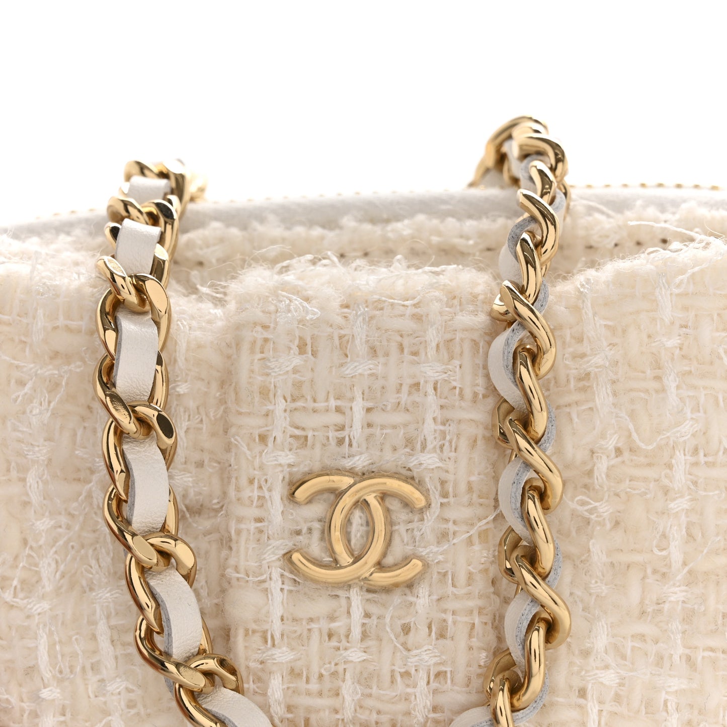 Tweed Quilted Bow Flap Card Holder On Chain White