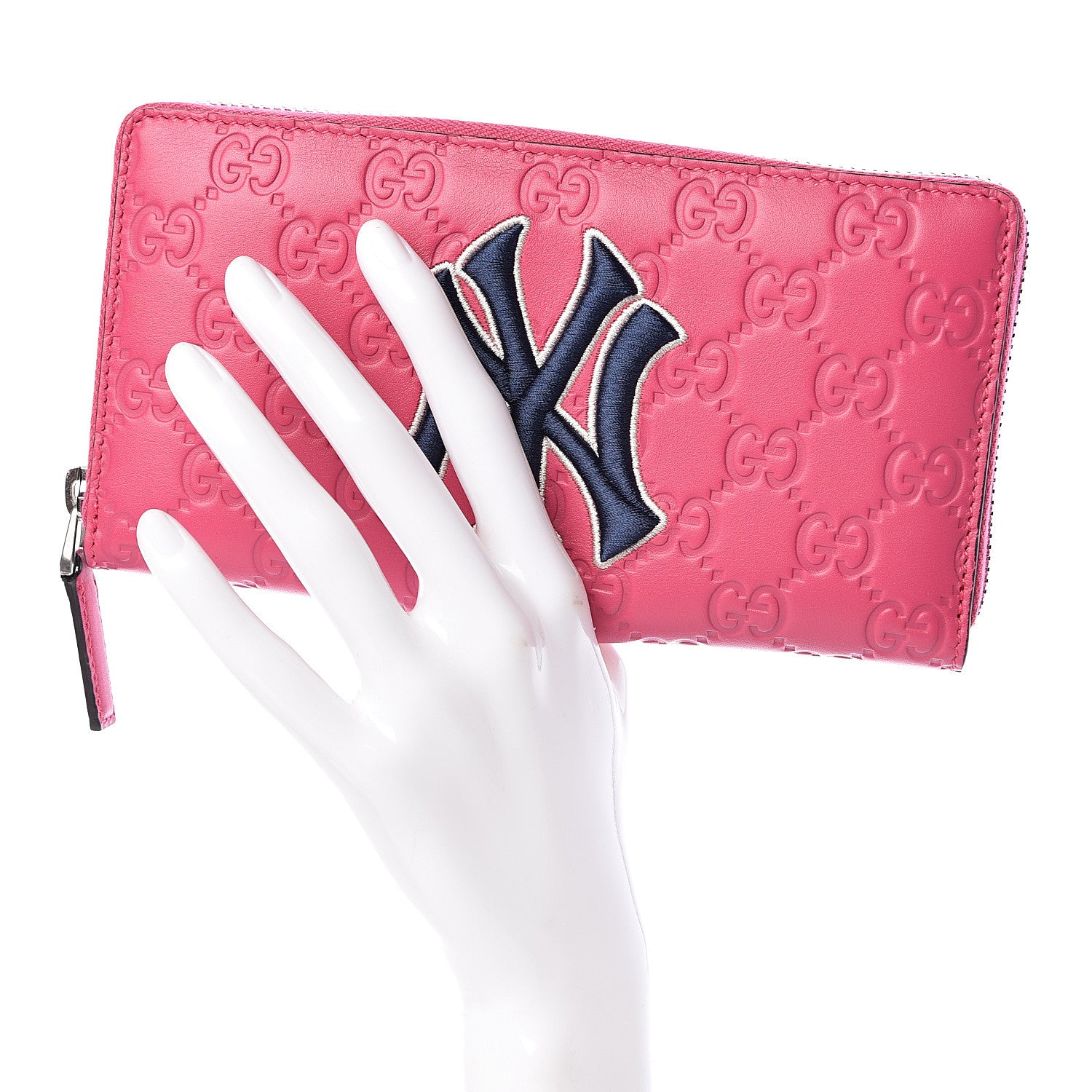Gucci X MLB Guccissima Signature NY Yankees Embroidered Zip Around Wallet Box Pink Blue Ivory 2 of 8