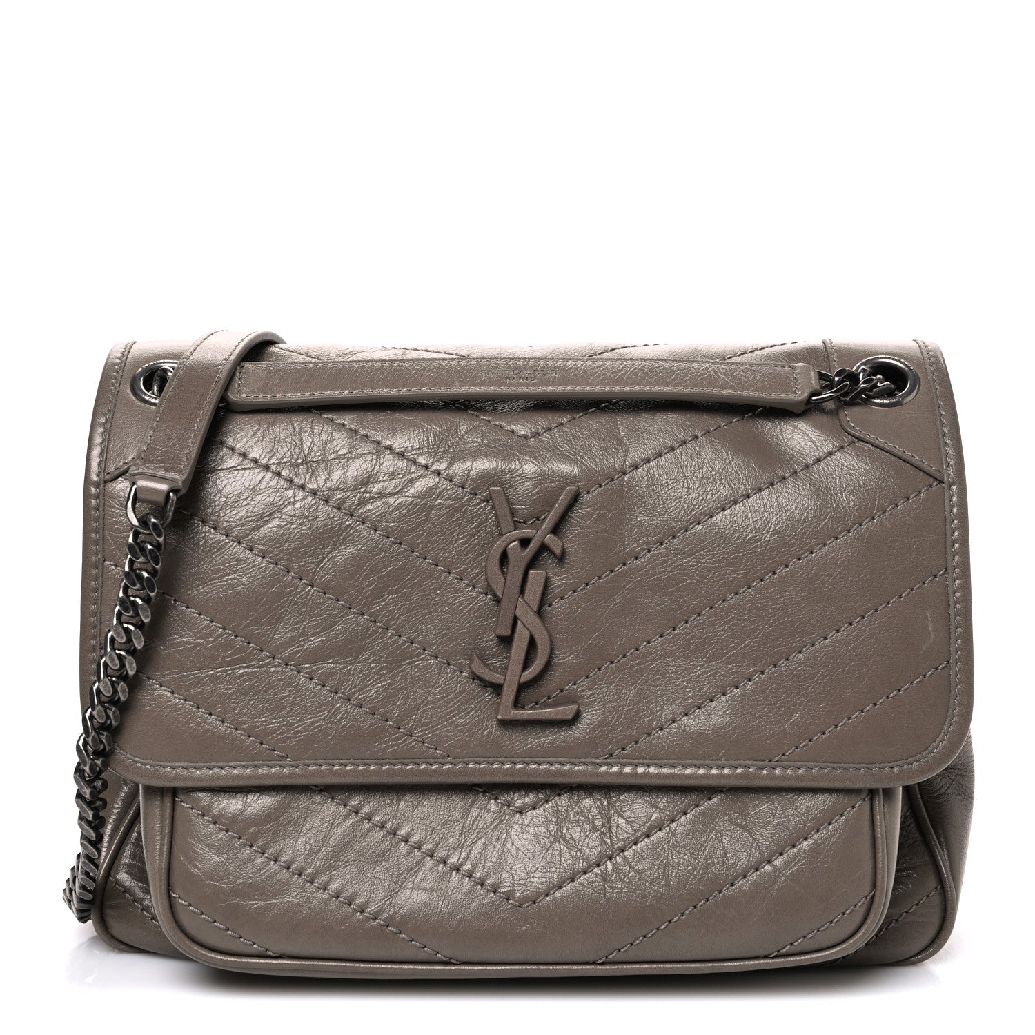 Saint Laurent Crinkled Calfskin Matelasse Monogram Medium Niki Chain Satchel Greyish Brown 1 of 10