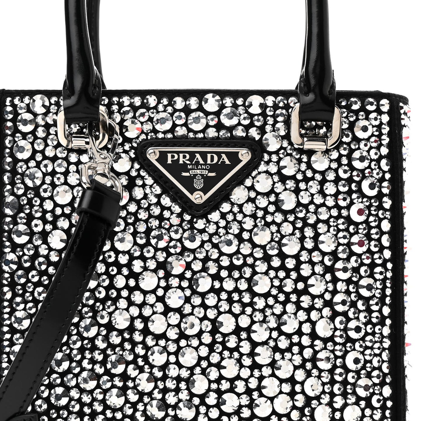 Satin Crystal Metal Triangle Logo Small Double Handle Crossbody Tote Metal