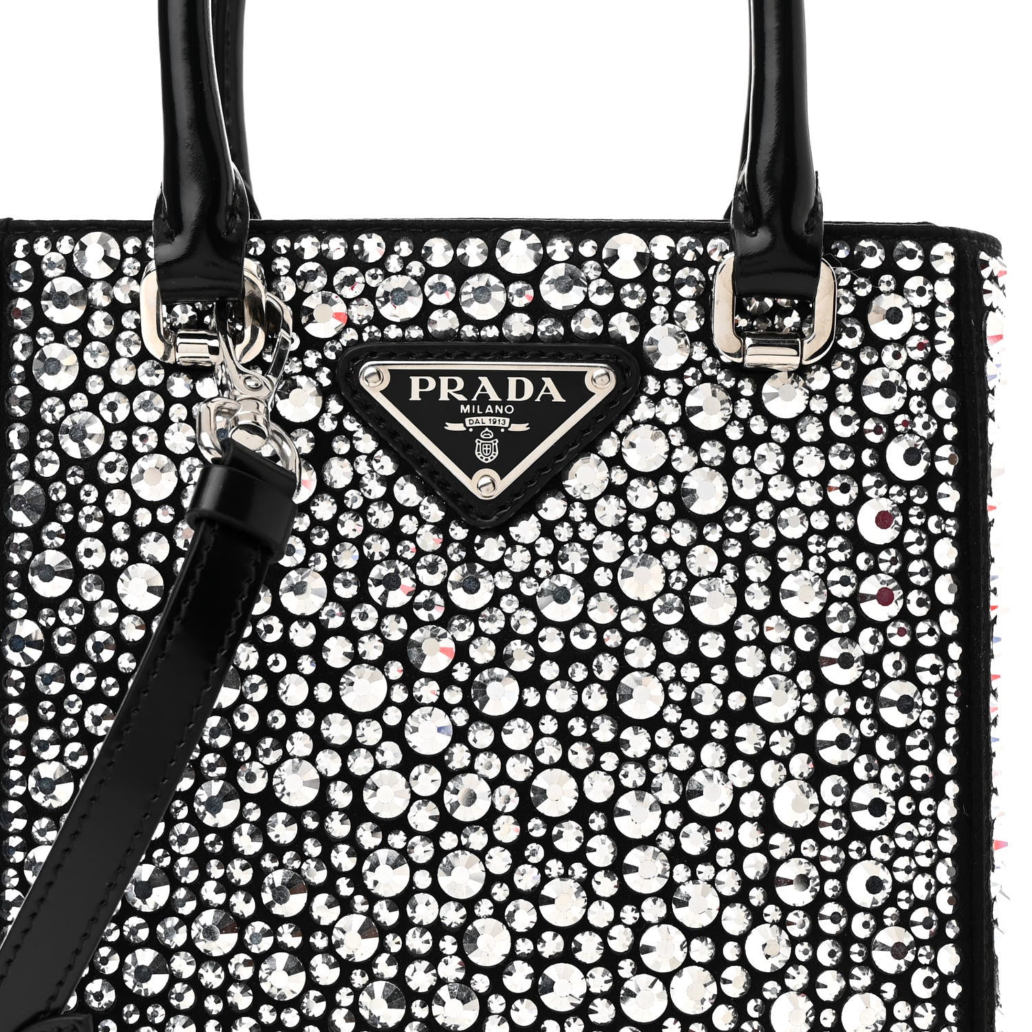 Prada Satin Crystal Metal Triangle Logo Small Double Handle Crossbody Tote Metal 7 of 10