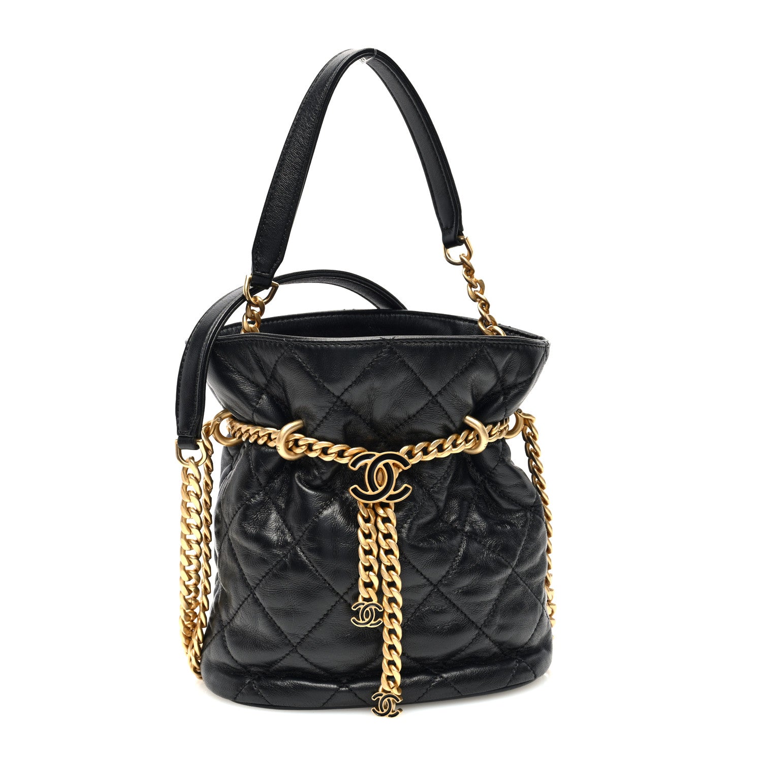 Chanel Lambskin Enamel Quilted Pending CC Bucket Drawstring Bag Black 1 of 10