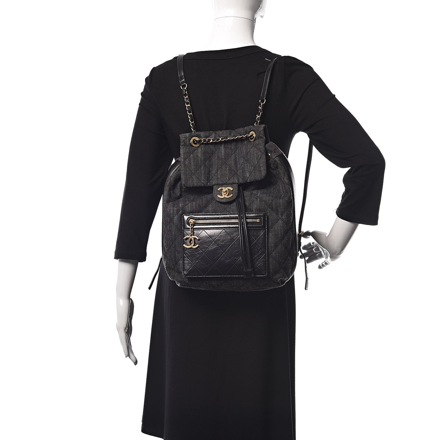 Denim Calfskin Quilted Backpack Dark Grey Black