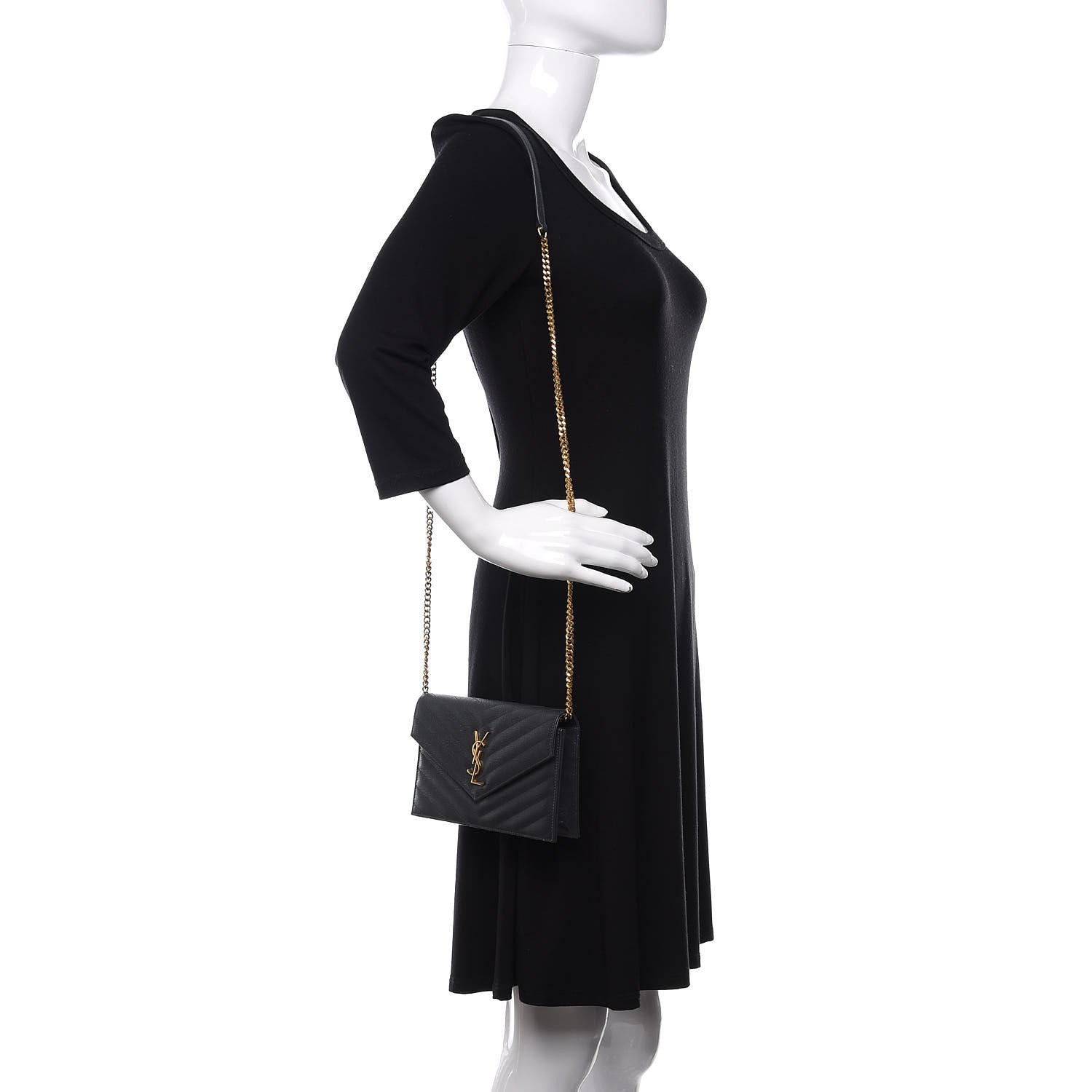 Saint Laurent Grain De Poudre Matelasse Chevron Monogram Envelope Chain Wallet Dark Smog 3 of 12
