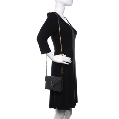 Saint Laurent Grain De Poudre Matelasse Chevron Monogram Envelope Chain Wallet Dark Smog 3 of 12
