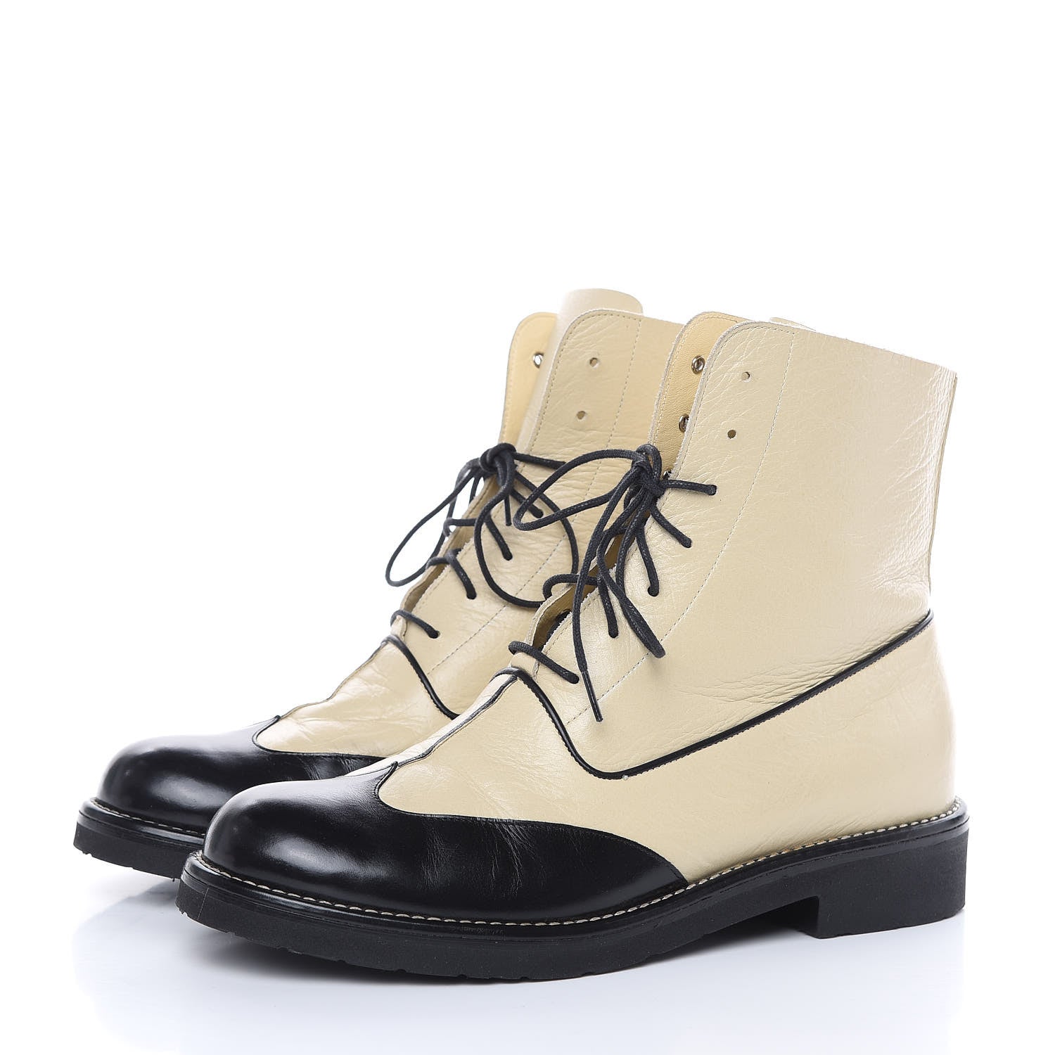 Chanel Crinkled Calfskin Wingtip Lace Up Boots 39.5 Ivory Black 3 of 10