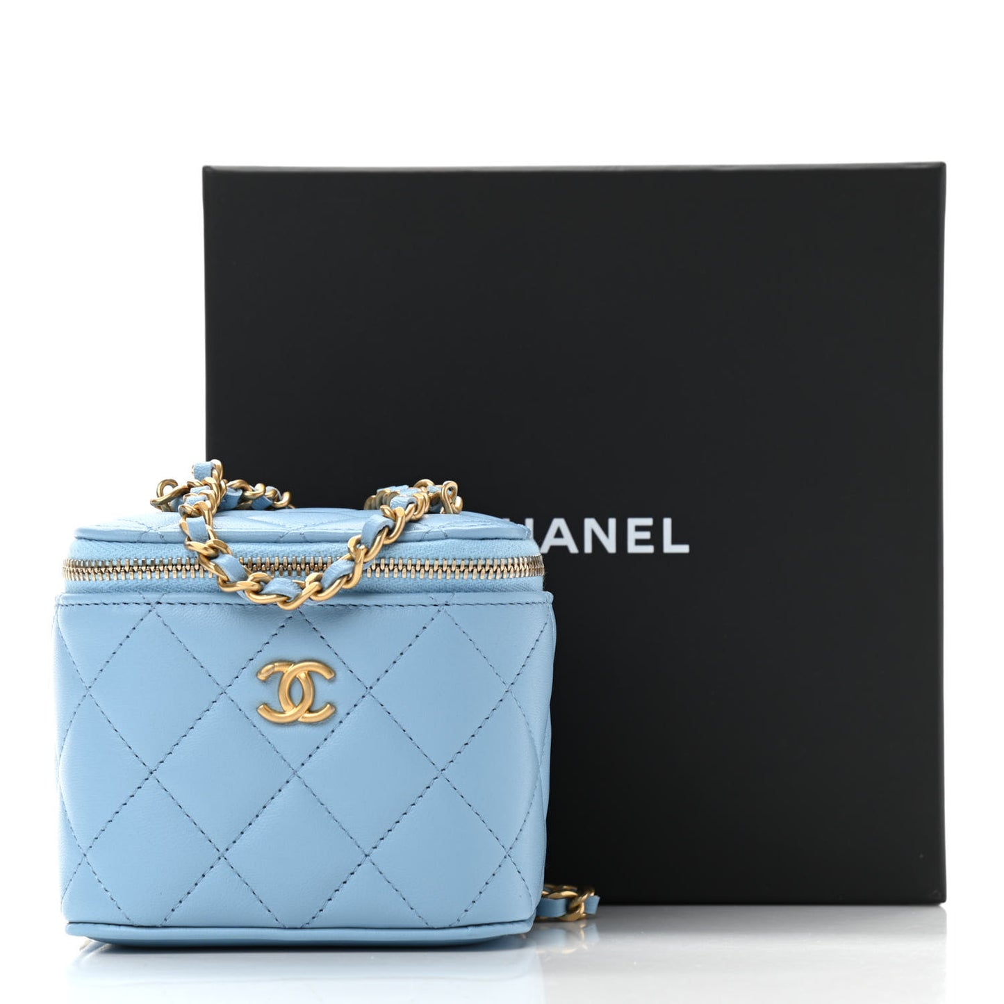 Lambskin Quilted Pearl Crush Mini Vanity Case With Chain Light Blue