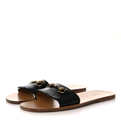 Gucci Goatskin Fringe Mens Horsebit Slide Sandals 8 Black 3 of 9