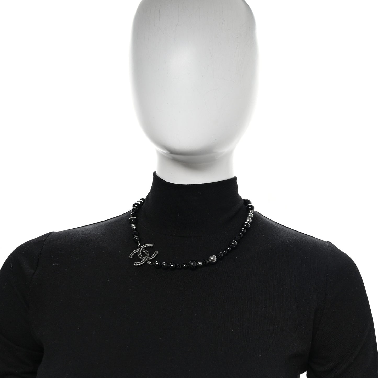 Pearl Beaded Crystal CC Camellia Short Necklace  Ruthenium Black Pearly Grey