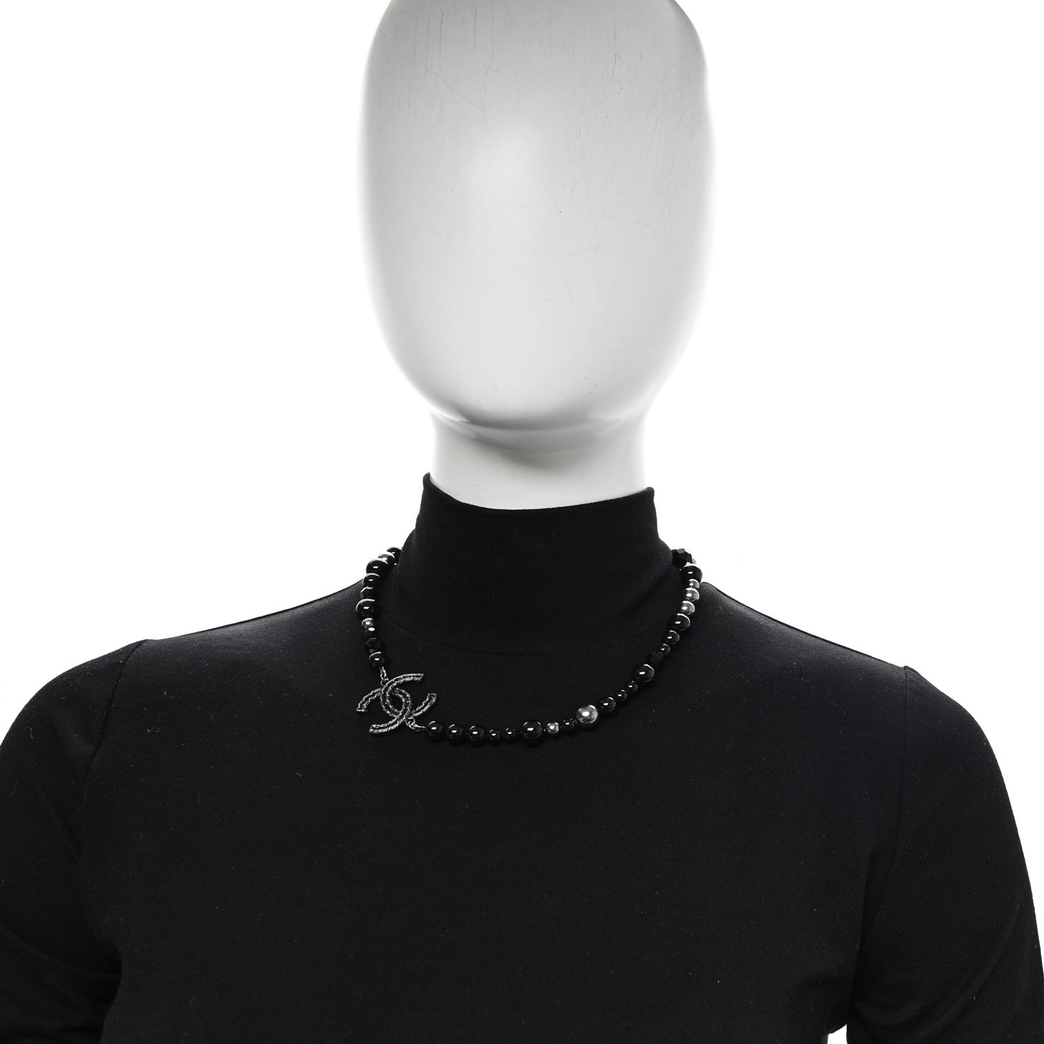 Chanel Pearl Beaded Crystal CC Camellia Short Necklace  Ruthenium Black Pearly Grey 2 of 6