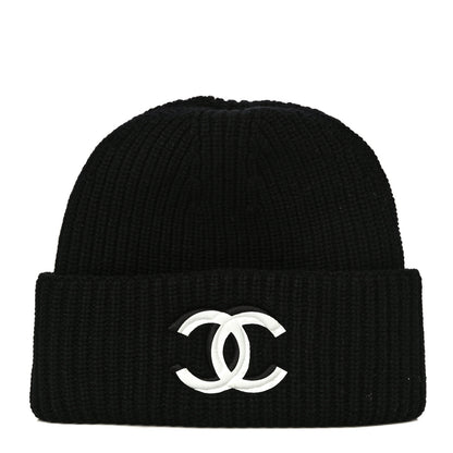 Chanel Wool Cashmere CC Beanie Hat Light Black White 1 of 10