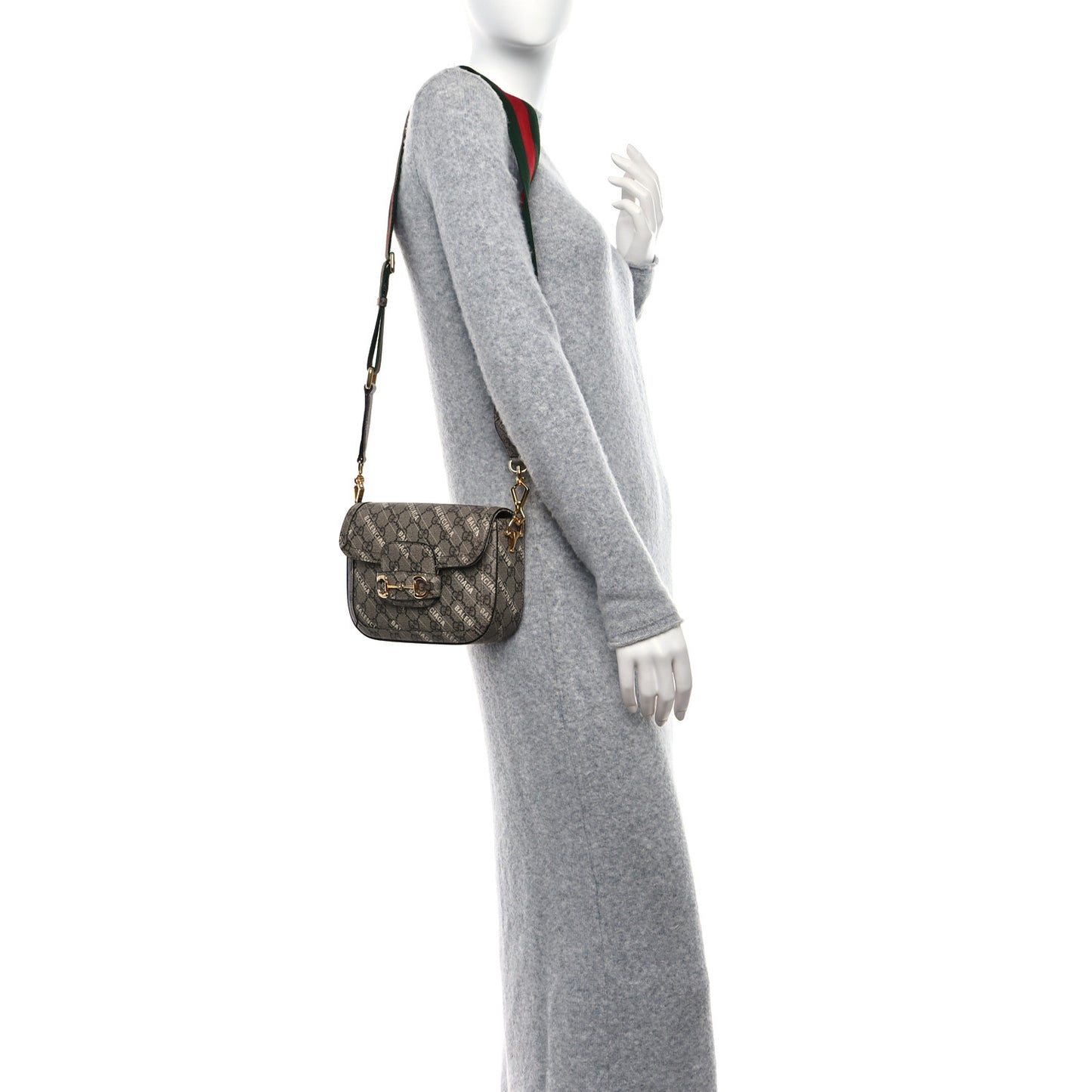 X BALENCIAGA GG Supreme Monogram Web Logo Print Mini Horsebit 1955 Shoulder Bag Beige Ebony