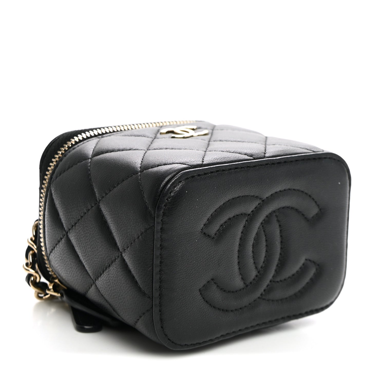 Lambskin Quilted Top Handle Mini Vanity Case With Chain Black