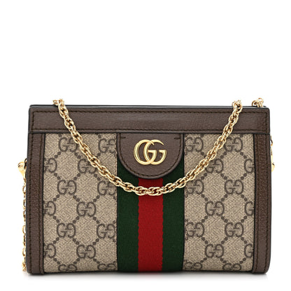 Gucci GG Supreme Monogram Textured Dollar Calfskin Web Mini Ophidia Chain Shoulder Bag Beige Ebony New Acero 1 of 11