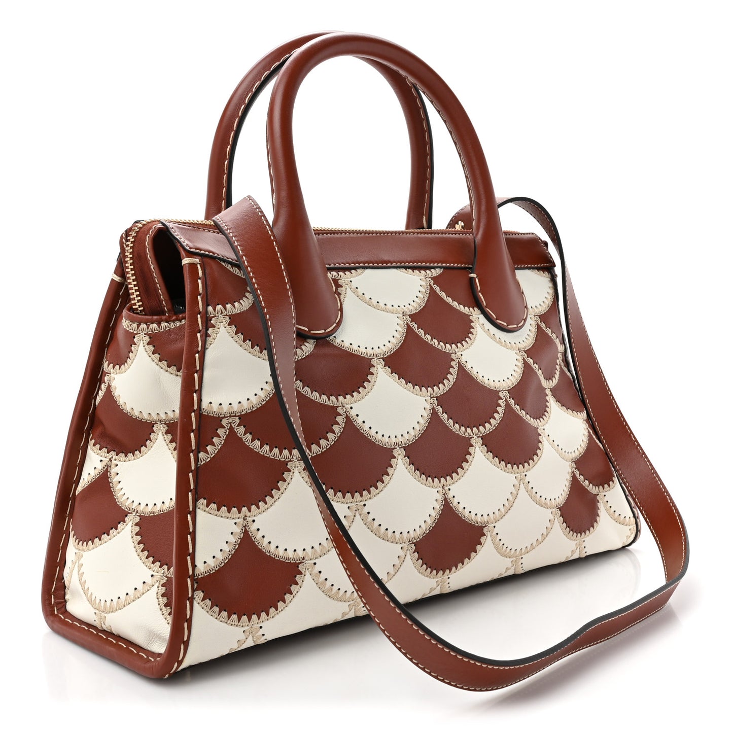 Nappa Shiny Calfskin Scallop Patchwork Medium Edith Day Bag Sepia Brown
