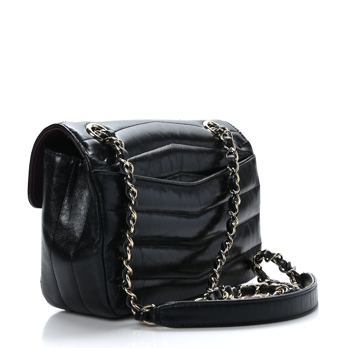 Shiny Lambskin Quilted Small Chevron Miroir Black