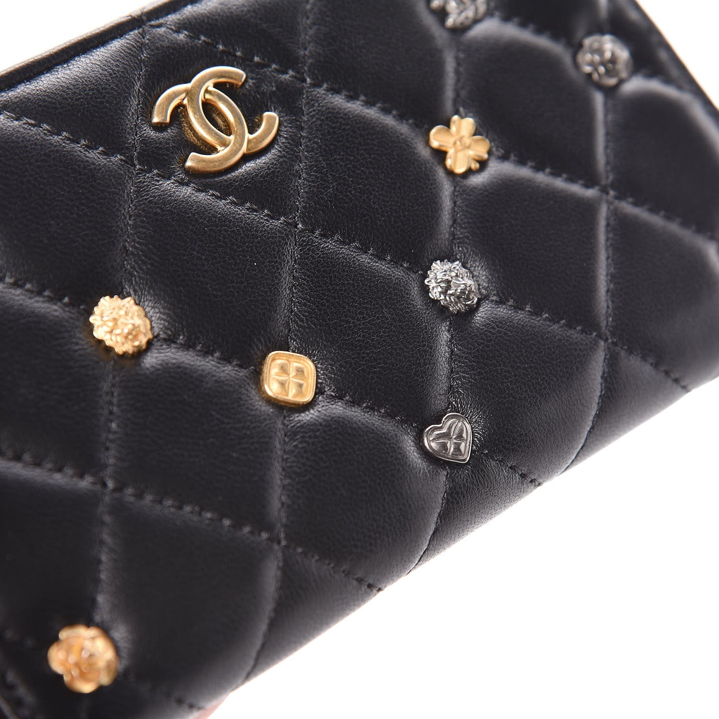 Lambskin Quilted Small Lucky Charms Zip Around Wallet Black