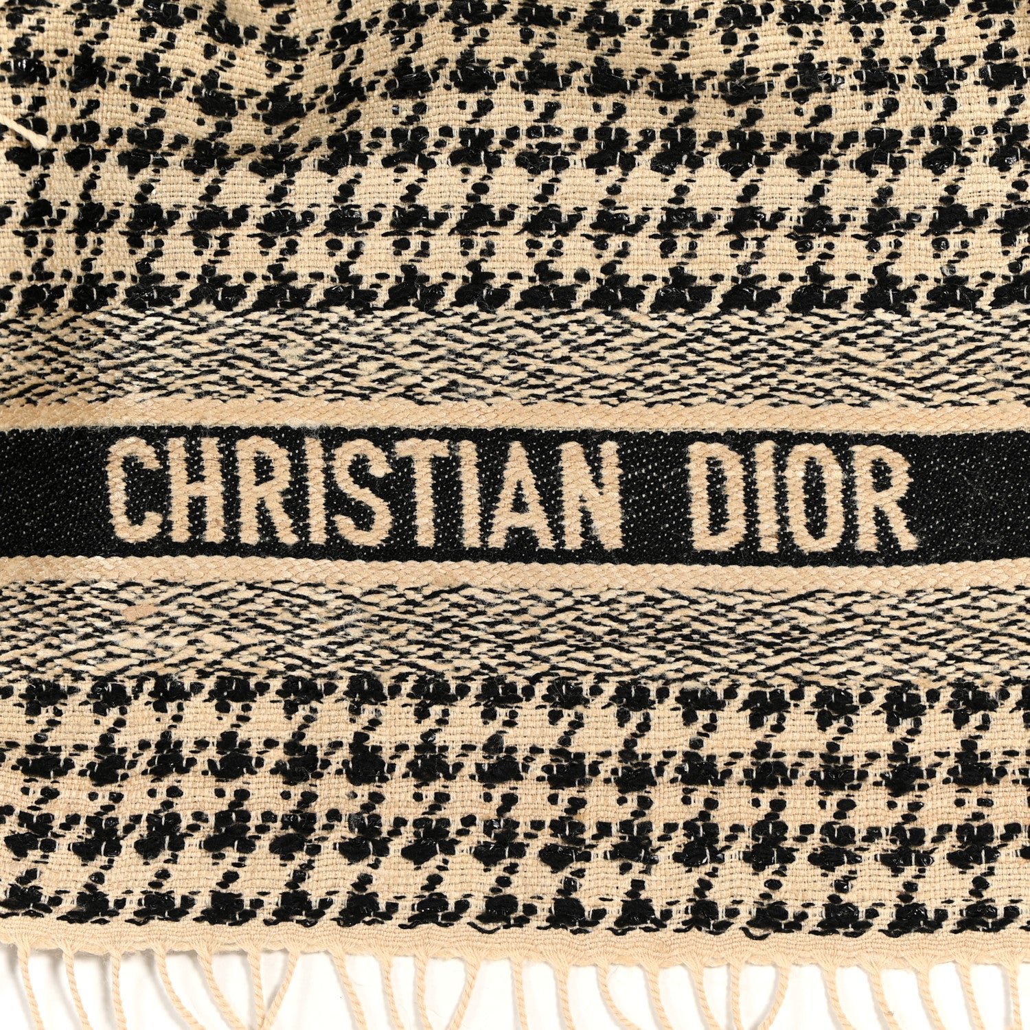 Christian Dior Wool Silk Houndstooth Fringe Scarf Beige Black 2 of 5