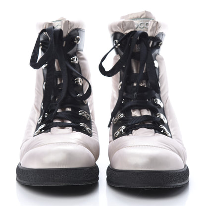 Chanel Nylon Calfskin Womens Coco Neige Short Boots 37.5 Beige Black 2 of 7