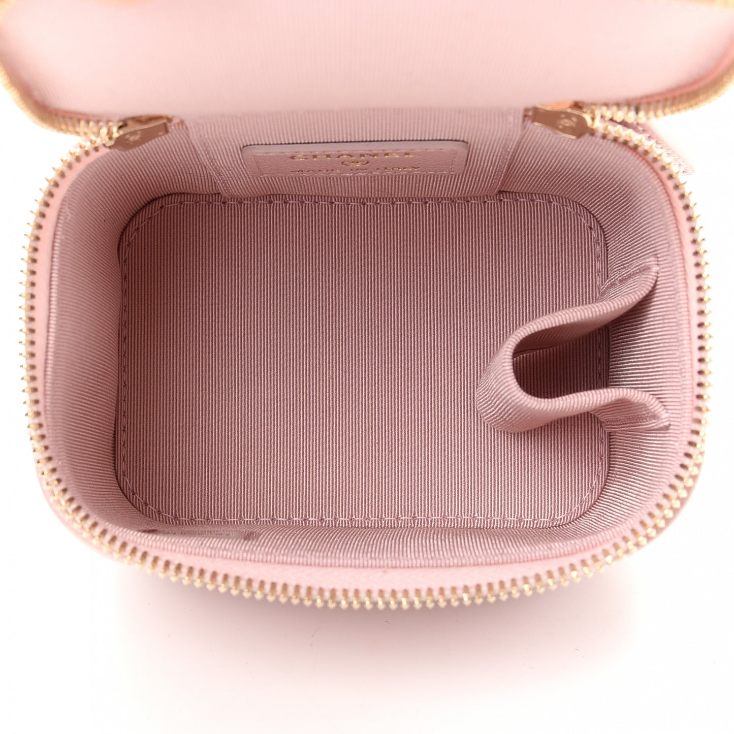 Iridescent Caviar Quilted Mini Pearl On Top Vanity Case With Chain Light Pink