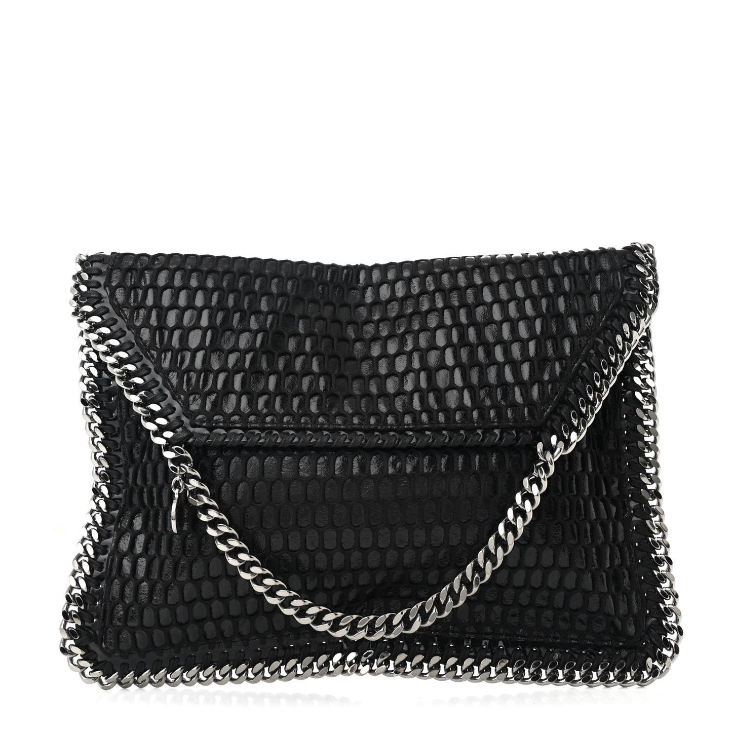 Patent Net Fold Over Falabella Clutch Black