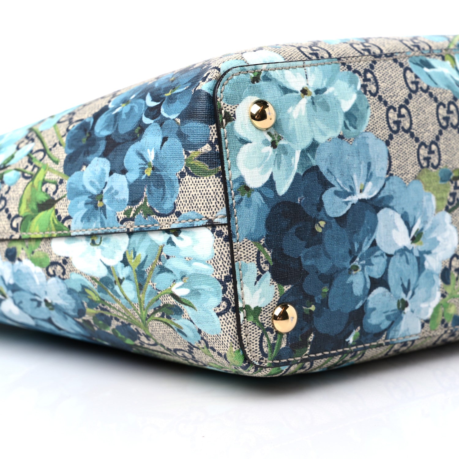 Gucci GG Supreme Monogram Blooms Medium Zippered Bucket Tote Beige Blue Navy Hibiscus Red 8 of 10