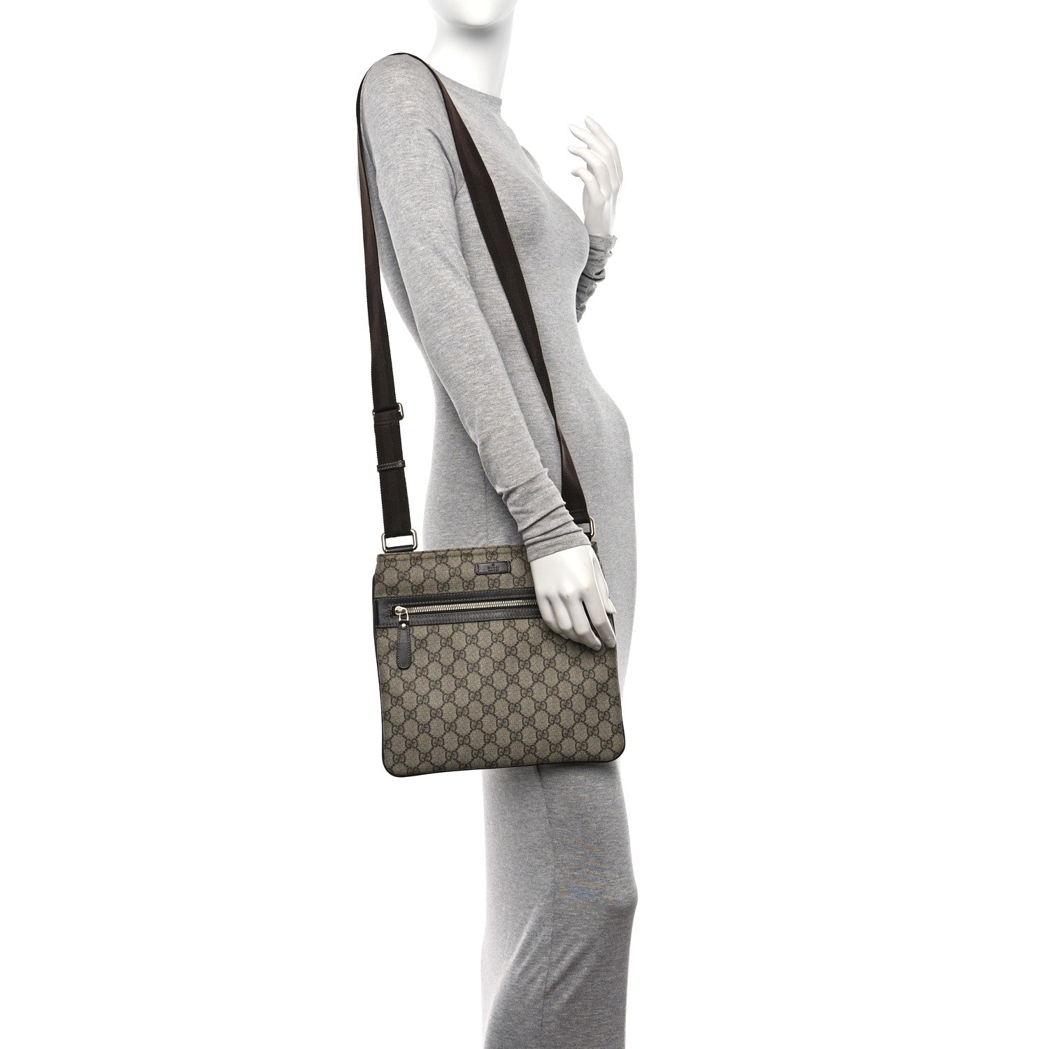 Gucci GG Supreme Monogram Selleria Calfskin Small Flat Side Zip Messenger Bag Beige Ebony Cocoa Dark Chocolate 2 of 11